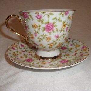 Topline Imports, Inc Vintage Teacup & Saucer Pink Roses Japan 14K Trim EUC